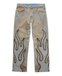 Flame Leather Appliqué Denim Pants - Dirty Blue